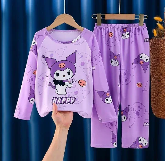 thumbnail image 1 of Sanrios Conjunto de pijama cómodo para niños y niñas Anime Hello Kittys Kuromi Cinnamoroll lindo cuello redondo pantalones de manga larga ropa de descanso, 1 of 5