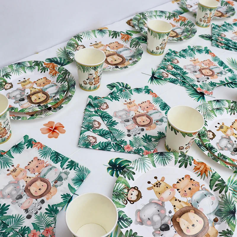 Dżungla Safari dekoracje urodzinowe jednorazowe zastawy stołowe zwierząt leśnych Baby Shower Boy 1 2 3 4 5 materiały urodzinowe