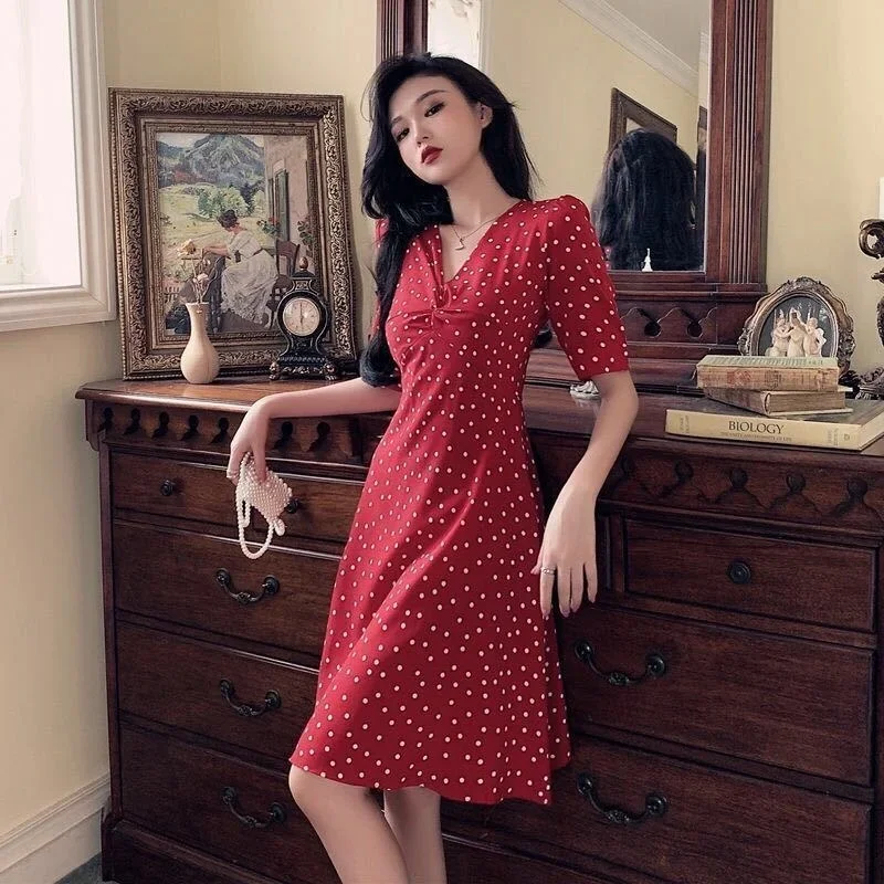 

French Retro Hepburn Storm Dot Red Skirt Summer Women's Bellflower Waist Floral Slim Dress Holiday Leisure Beach Skirt