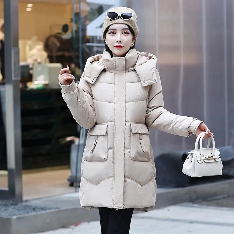

2024 New Women Hooded Down Cotton-Padded Jacket Winter Fashion Mid-Length Parkas Loose Thick Warm Outwear Female Overcoat W030