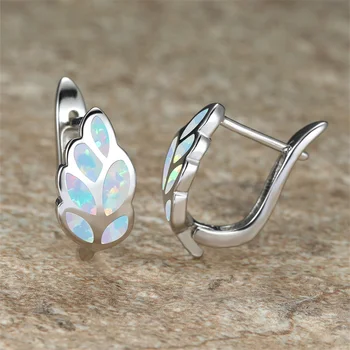 Luxury Tree Leaf Hoop Earrings For Women Blue White Fire Opal Earrings Silver Color Female Wedding Mother Piercing Jewelry Gifts