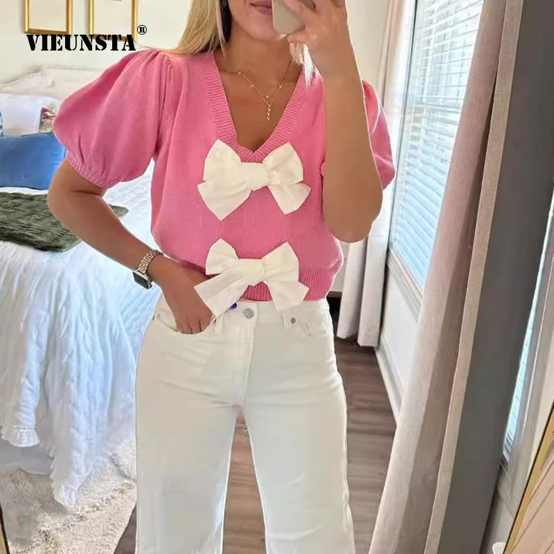 

Женская футболка с коротким рукавом, однотонная трикотажная футболка с V-образным вырезом и двойным бантом, лето 2024