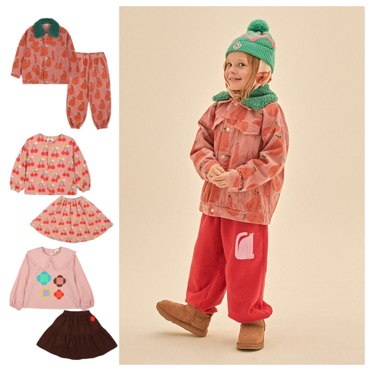 

Kids Autumn Winter Boys and Girls Corduroy All-over Printed Fur Collar Jacket Cherry Jacket Skirt Sydney Trousers Suit