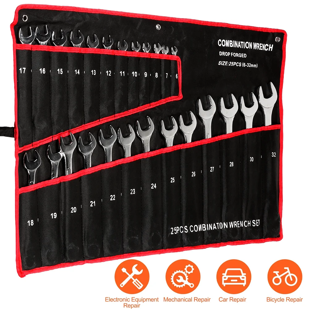 25-teiliges ultradünnes Schraubenschlüssel-Set, 6–32 mm, Kohlenstoffstahl-Schraubenschlüssel, metrische Ratsche, Ring-Maulschlüssel-Set mit Tasche, Auto-Wartungswerkzeuge – Detail 4
