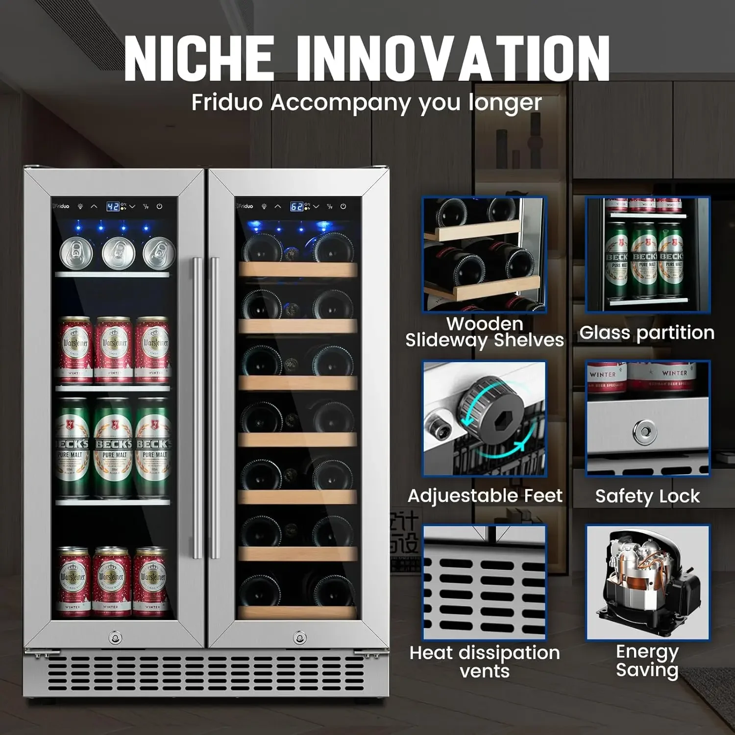 Beverage Refrigerator 24 inch, Dual Zone Wine Cooler Under Counter Lockable 20 Bottles and 88 Cans Fridge Built in Freestanding 5