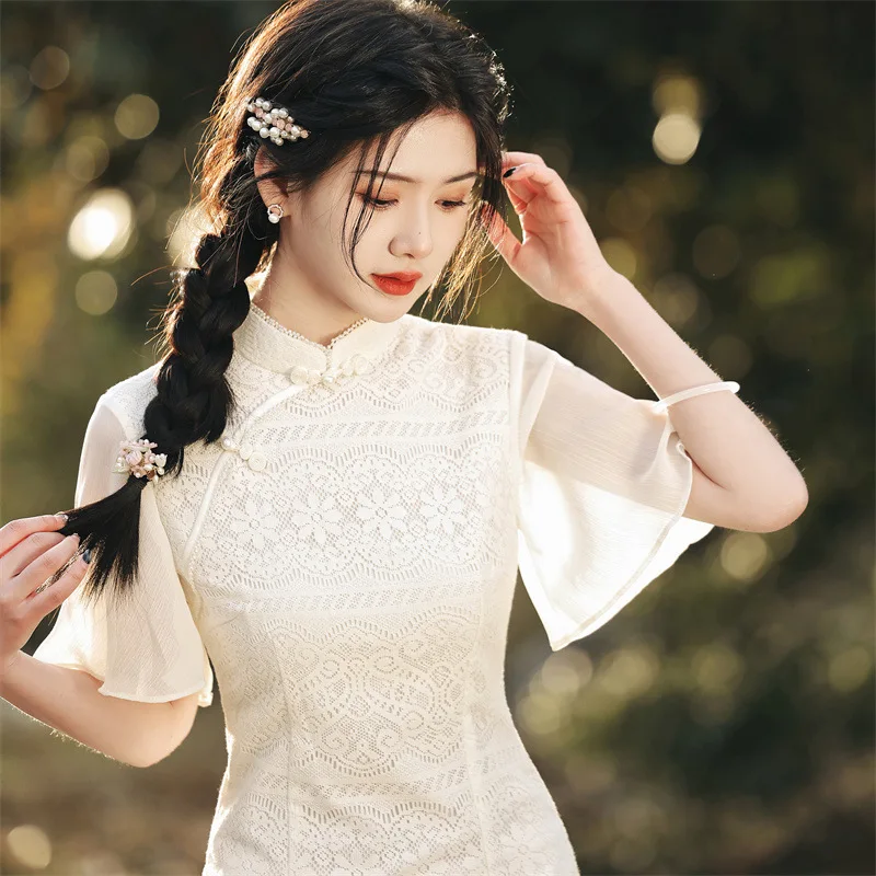 

Summer Retro Embroidery Lace Cheongsam Classic Elegant Flying Sleeve Women's Chiffon Qipao Chinese Daily Dress