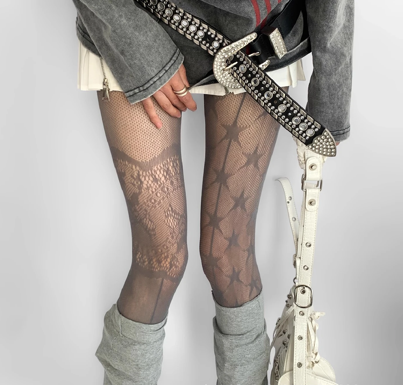 Damen Sexy Spitzen-Netzstrümpfe Lolita Durchbrochene Einfarbige Strumpfhose 1 Paar Fünfzackiger Stern Spitze Ausgehöhlte Netzstrümpfe – Detail 7