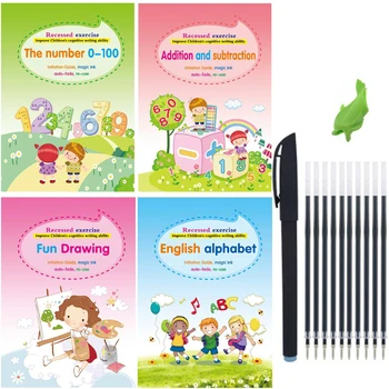 4 volumi + penna quaderno magico sfregamento gratuito giocattoli per bambini adesivi per scrivere quaderno inglese calligrafia giocattoli Montessori 1