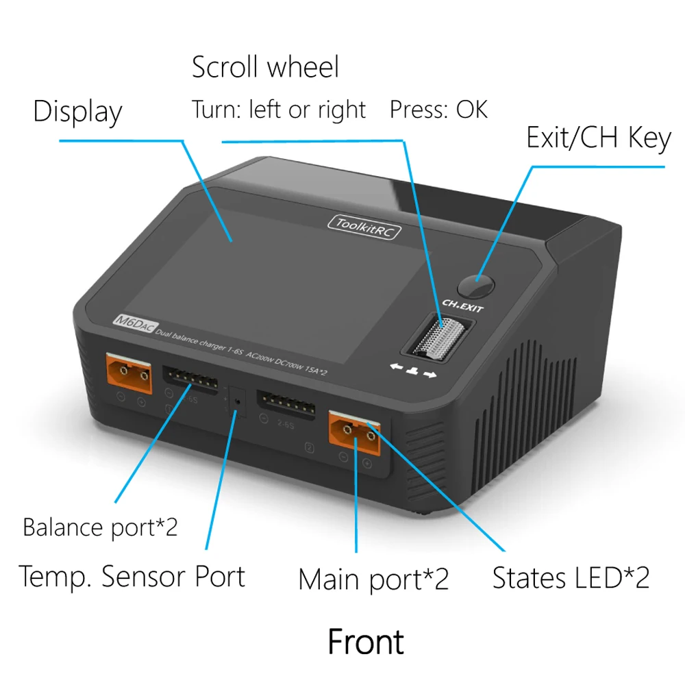 Chargeur intelligent ToolkitRC M6DAC en charge d'une batterie LiPo 6S, avec indicateurs LED et ventilateur visibles.