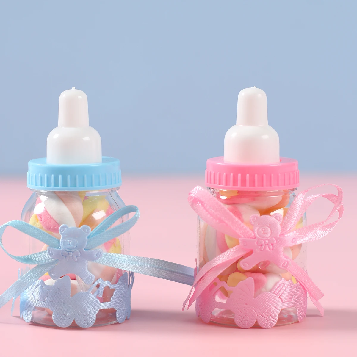 

Mini Blue Pink Transparent Plastic Feeder Bottle Candy Box Wedding Birthday Party Gift Case Baby Shower Favor Box Party Supplies
