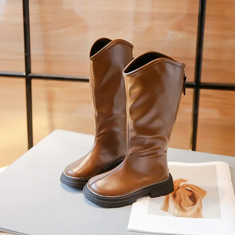Girls British Style High Boots New 2023 Kids Autumn Winter Rubber Outsole Non-slip Solid Warm Zipper Fashion Princess Boots