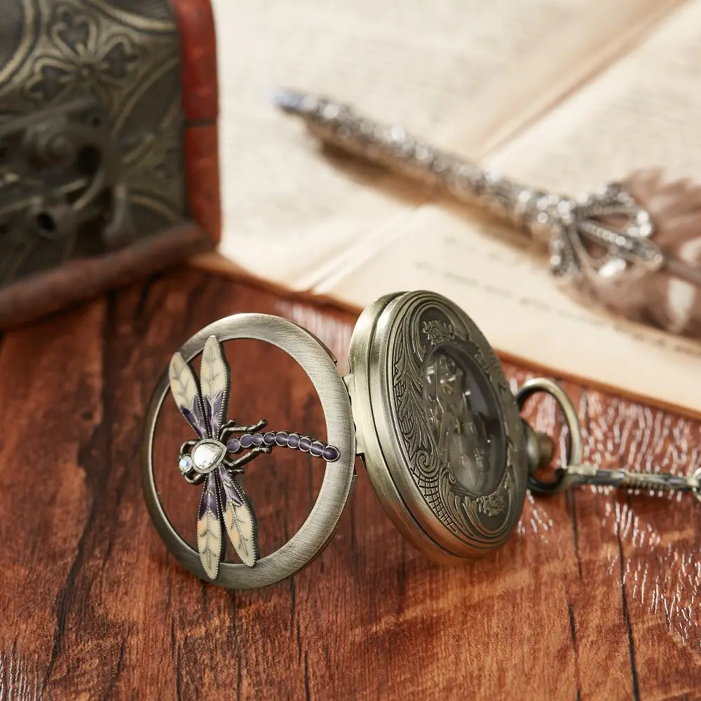 Dragonfly Luxury Rhinestone Skeleton Mechanical Pocket Watch with FOB Chain Steel Metal Clock Hand Winding Doctor Pendant Watch