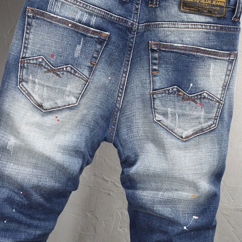 Fashion Designer Men Jeans High Quality Retro Washed Blue Painted Ripped Jeans Men Vintage Trousers Casual Denim Pants Hombre