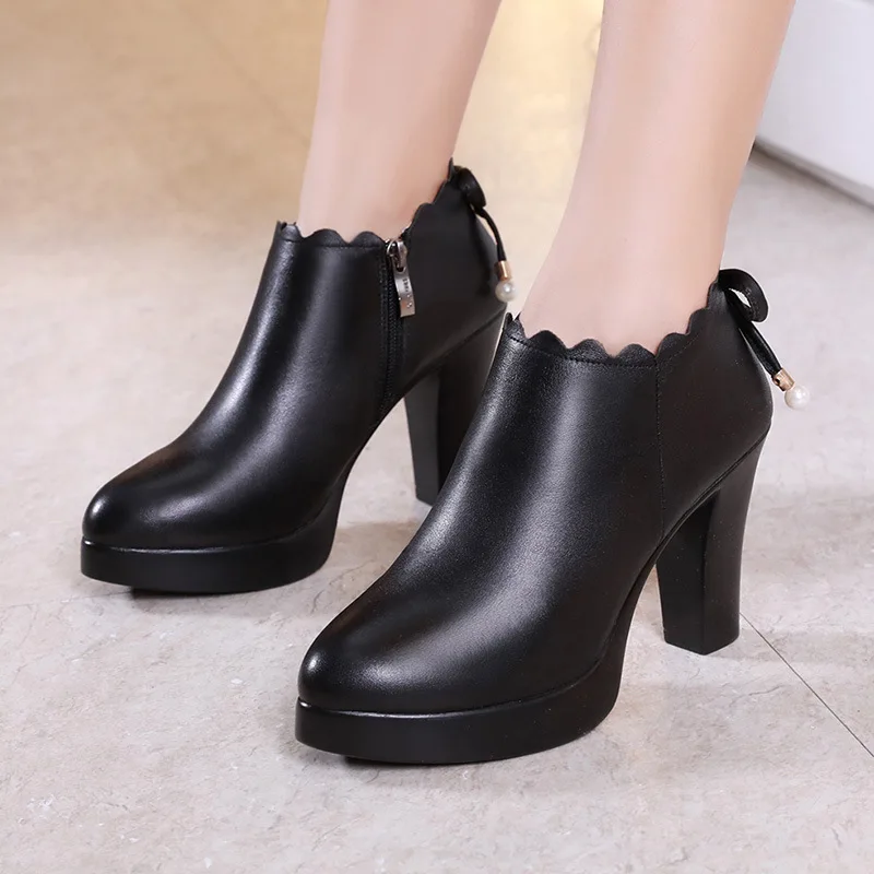 High quality short ankle leather boots for women  8.5cm high heel platform new 2023 autumn winter  33 42 43 elegant shoe - black