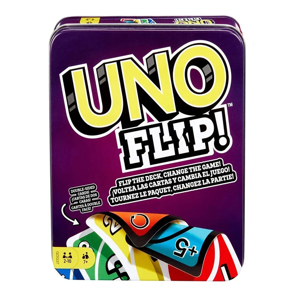 Mattel UNO 플립 가족 재미있는 엔터테인먼트 보드 게임 포커 어린이 장난감, 틴 박스 카드 게임