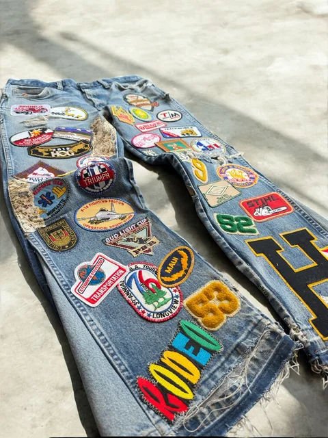 American Vintage Y2K Multi Patch Jeans Mens Womens Blue Distressed Bell Bottom Patch Embroidered Logo Pattern Baggy Trousers 2