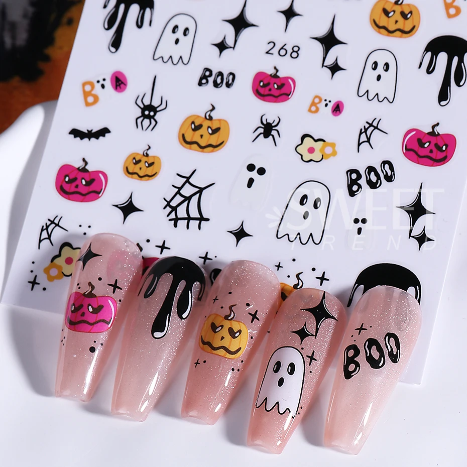 5pcs Halloween Pumpkin Nail Stickers Self Adhesive Cute Cartoon Ghost Spider Cat Design Nail Decals Silder Manicure Decoration