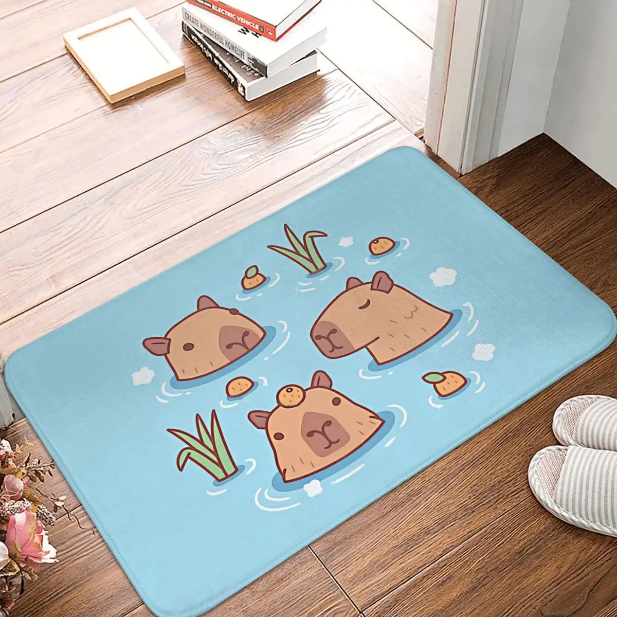 

Anti-Slip Doormat Bath Mat Cute Capybaras Chilling In Hot Spring With Oranges Floor Carpet Entrance Door Rug Home Decorative