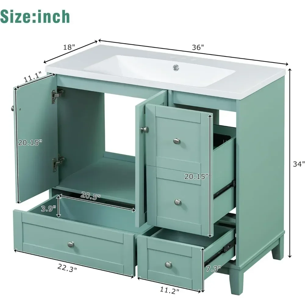 36" Modern  with USB Charging, Two Doors and Three Drawers , Small Bathroom Vanity Cabinet with Single Sink, Green 2