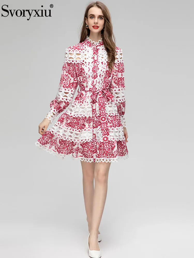 

Svoryxiu Fashion Summer Vintage Safflower Porcelain Print Mini Dress Women's Stand Collar Belt Lantern Sleeve Hollow Out Dresses