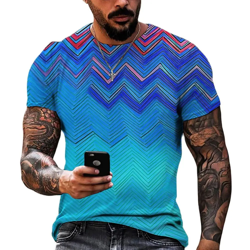 

Men'S Summer 3d Printed T-Shirt Striped Printed T-Shirt Colorful Pattern O Collar Short Sleeve Loose Street Art Plus Size Top