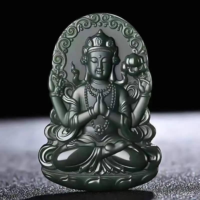 

Hetian Black Jade Guanyin Pendant on Both Sides Hand Carved Emerald Necklace Men's Women's Fashion Exquisite Jewelry with Chain