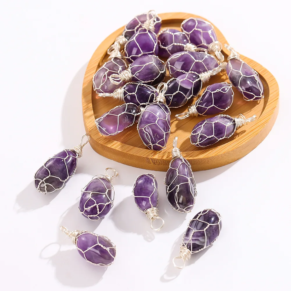 

15pcs Natural Stone Amethyst Hand winding Pendant Crystal Charms Diy Necklace Earrings Accessory