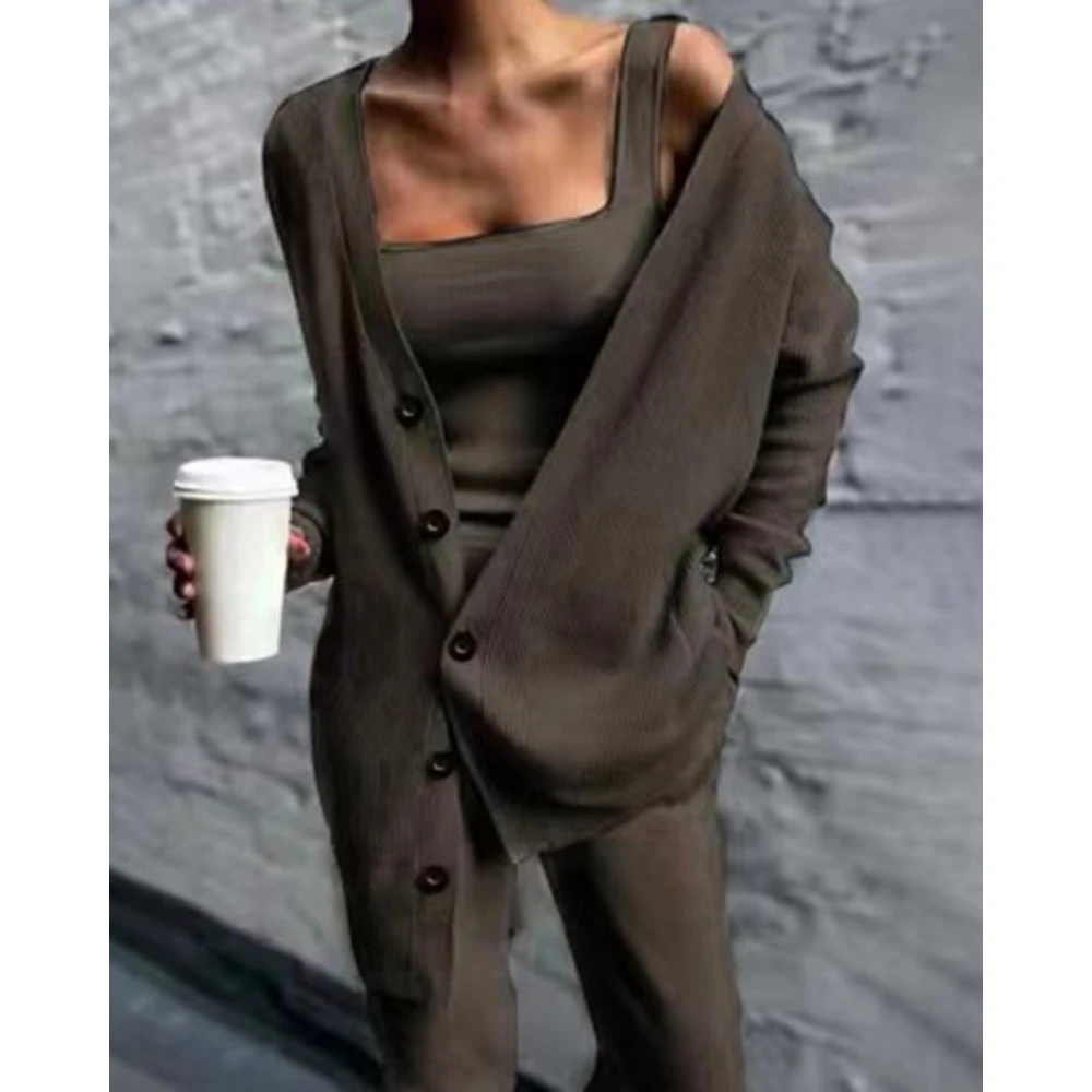 Autumn Women Square Neck Tank Top & Pants Set With Buttoned Cardigan Femme Knitted Ribbed Three Pieces Long Sleeve Suit Set