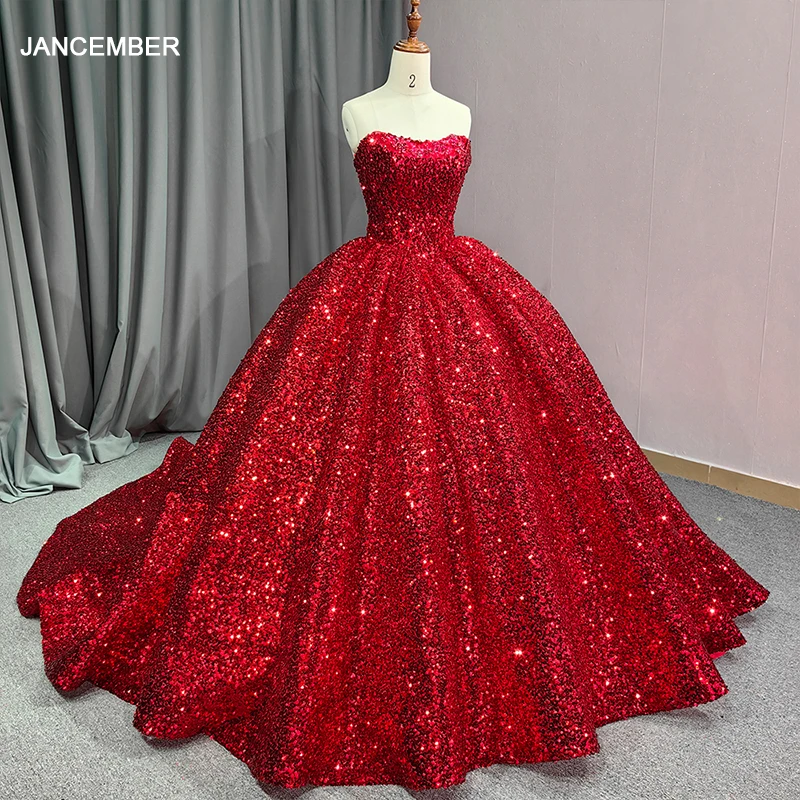 

Jancember Exquisite Classic Red Quinceanera Dresses For Gril Sequins Ball Gown Strapless Pleat Lace Up Bar Mitzvah DY6663