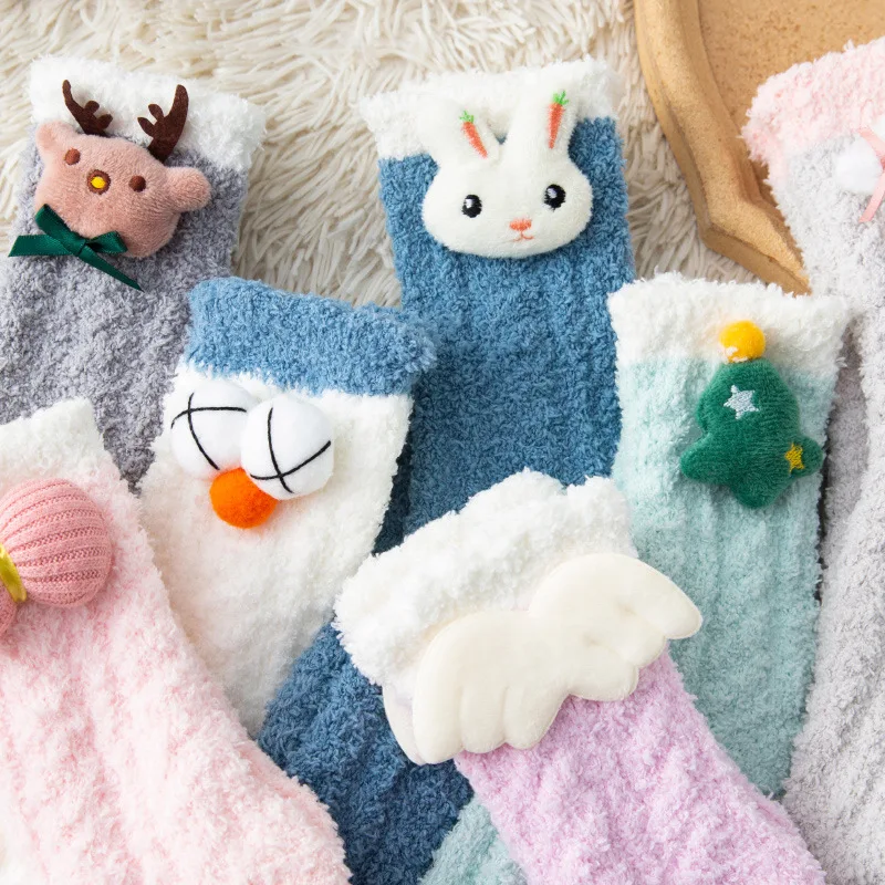 

Cute Dolls Thicken Floor Socks Female Winte Plush Tube Socks Twist Women Warm Coral Fleece Socks