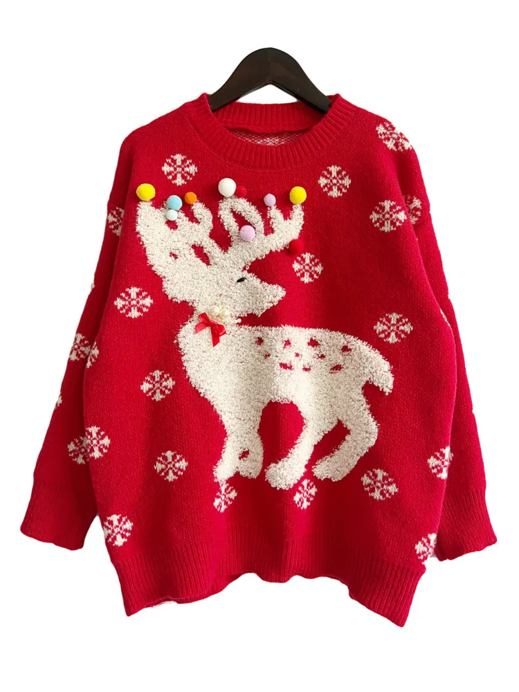 

Рождественский свитер, пуловер с круглым вырезом, Женский Модный трикотажный жаккардовый джемпер с оленем и жемчужинами 2023