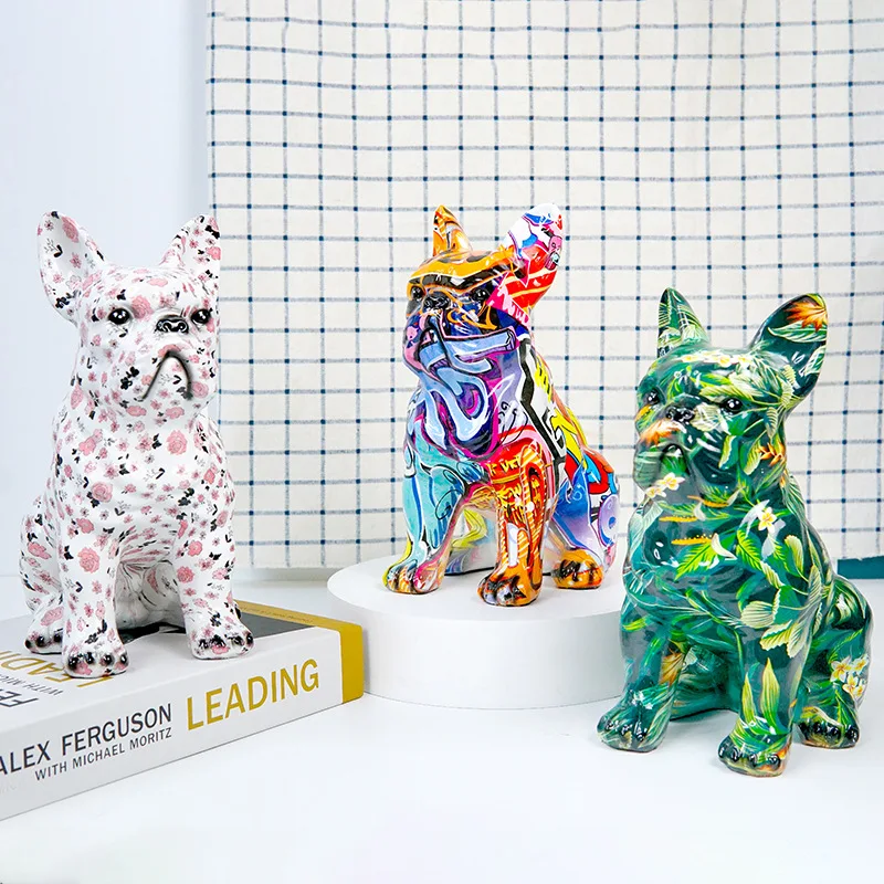 Fashion Modern Colorful French Bulldog Resin Statue Wholesale Graffiti  Office Ornaments Printing Resin Dog Home Decor Crafts