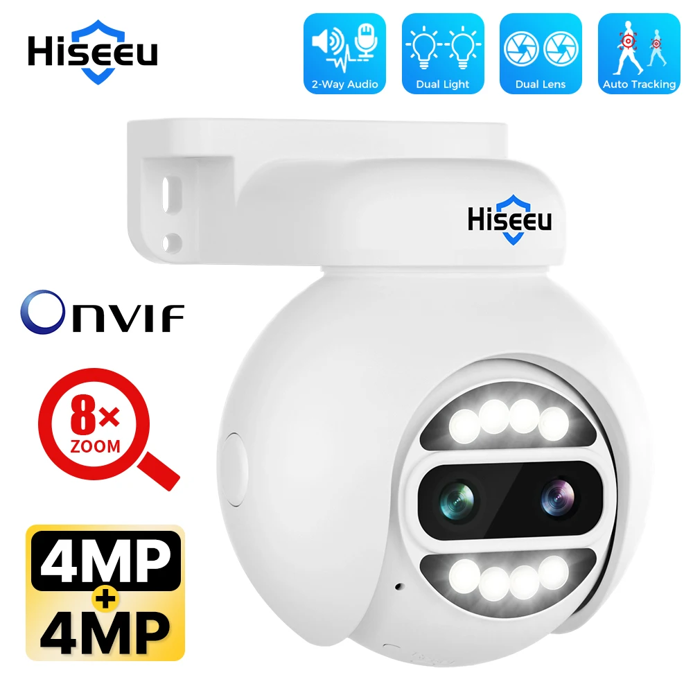 Hiseeu 8Mp 8X Zoom Dual Lens Poe Ptz Ip Camera 4K 4Mp + 4Mp Color Night Vision Ptz Security Videosorveglianza Telecamere Cctv Xmeye