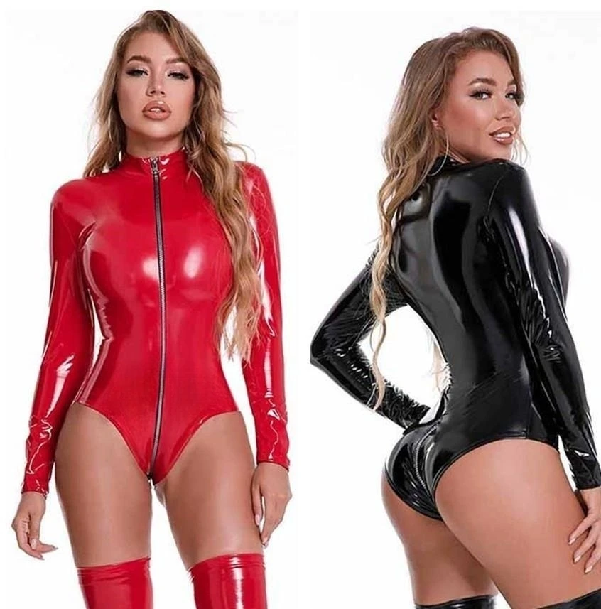 

Sexy Zipper Open Crotch Glossy Leather Bodysuit Erotic Shiny Latex Lingerie Clubwear Ladies Sexy Glossy Catsuit Fetish Costumes