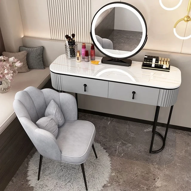 Table de maquillage LED intégrée blanche minimaliste, miroir