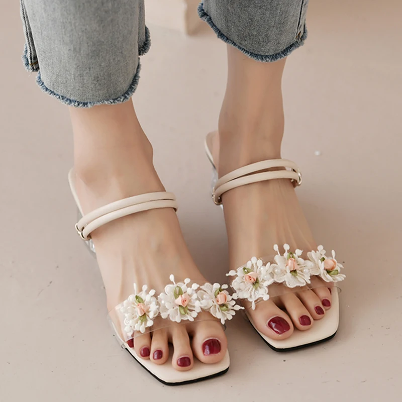 Rimocy Lace Floral Sandals for Women 2022 Summer Fashion Square Toe Beach Slippers Woman Clear High Heeled Shoes Sandalias Mujer