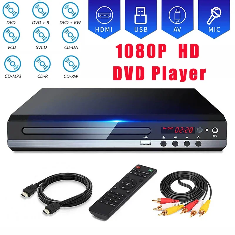 Full HD DVD Player 1080P High Definition CD/ EVD/ VCD Players with AV and HDMI Output Microphone USB for Home TV KTV Party dvd player