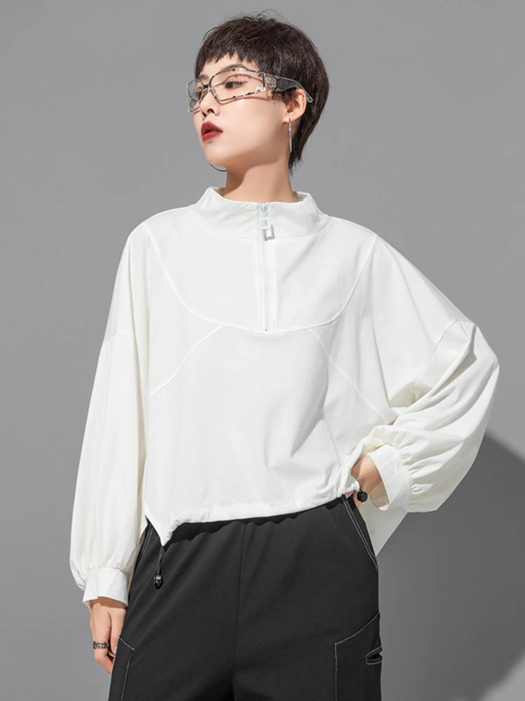 EAM] Women White Drawstring Zipper Big Size Casual T-shirt New