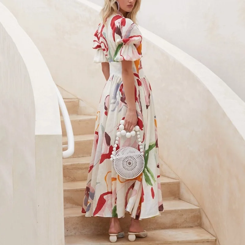 Fashion Floral Print Dress Women Summer V Neck Elegant Long Dress Spring Loose Boho Ladies Beach Seaside Holiday Maxi Dress