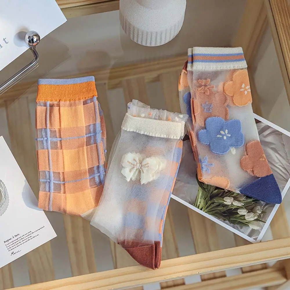 

Transparent Bow Crystal Silk Socks Flower Spring Summer Lattice Cotton Hosiery Women's Socks Middle Tube Socks Glass Silk Socks
