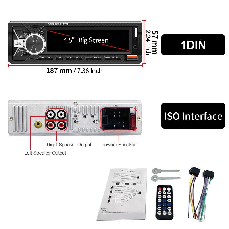 Car 1din Radio Stereo Digital Bluetooth MP3 Player FM Stereo TF Card USB AUX Inp