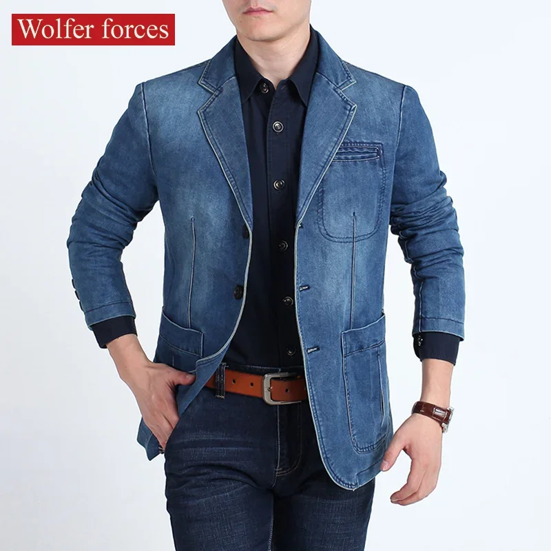 Men Denim Suit Jacket Spring Autumn Men's Casual Denim Retro Slim Fit Coat