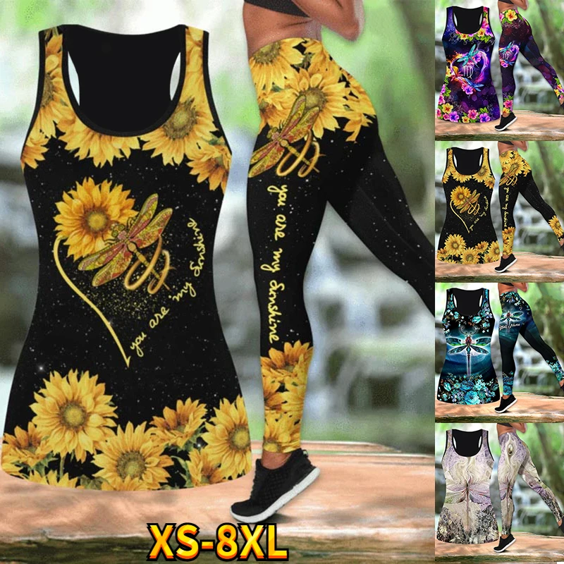 

Dragonfly My Sunshine Sunflower Tank Top and Legging 3D Printed Set Yoga Suit Women Sexy Psychedelic Tank Top Suit XS-8XL