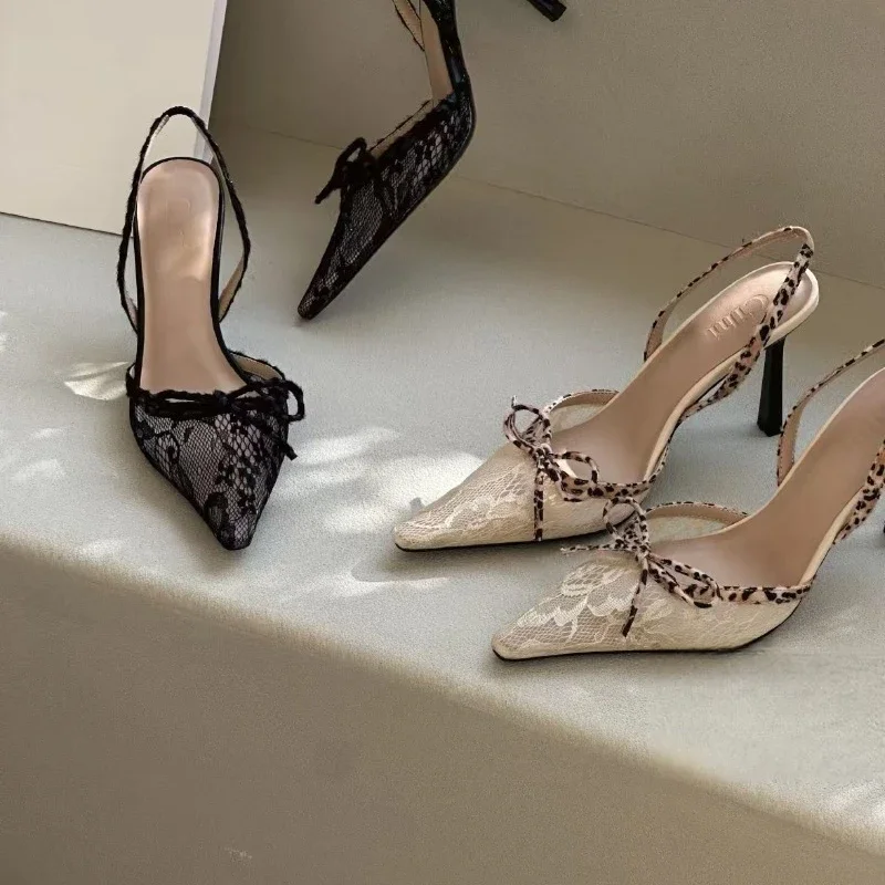 Women's High Heel Sandals Leopard Print Lace Pointed Toe Bow Heels Women Sexy Dress Designer Style Summer Zapatillas De Mujer 4