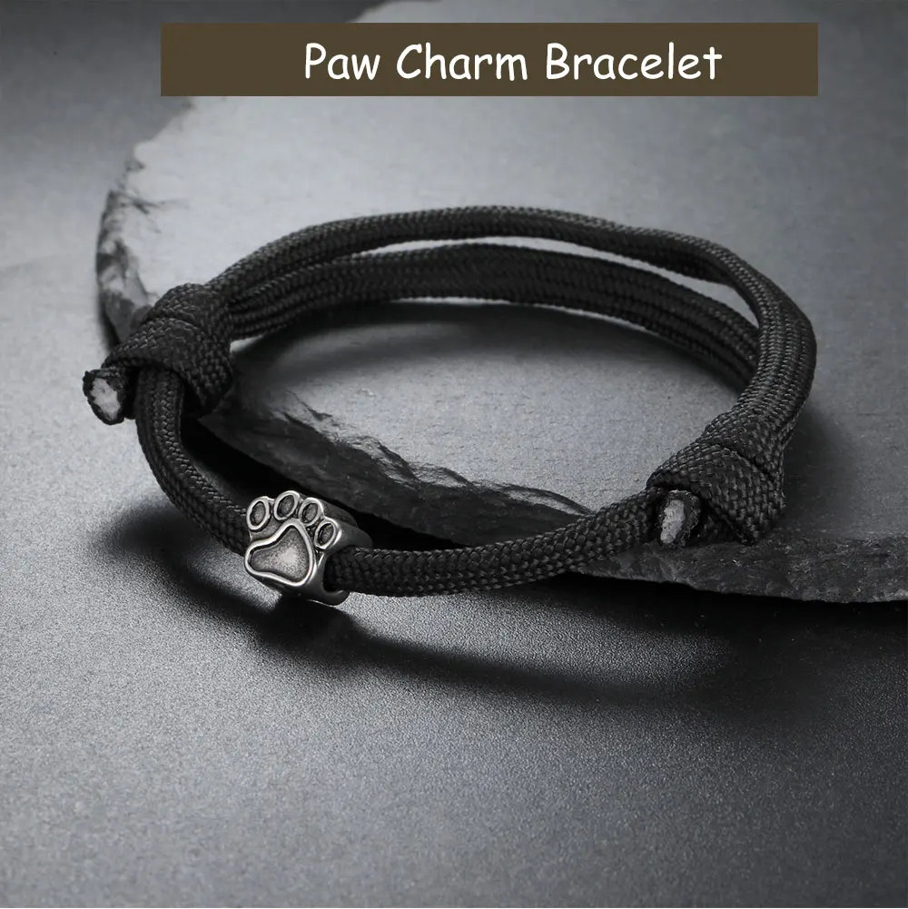 Punk Dog Pet Paws Charm Bracelet for Women & Men Adjustable Black Rope Cord Bracelets - PeticaDeals
