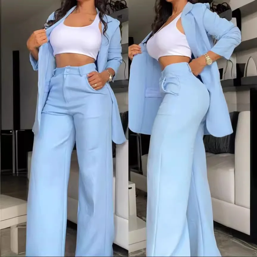 Work Commuting Two Piece Suit Woman Elegant Blazer Sets New Autumn Fashion Women's Notched Collar Coat + Pocket Design Pants Set