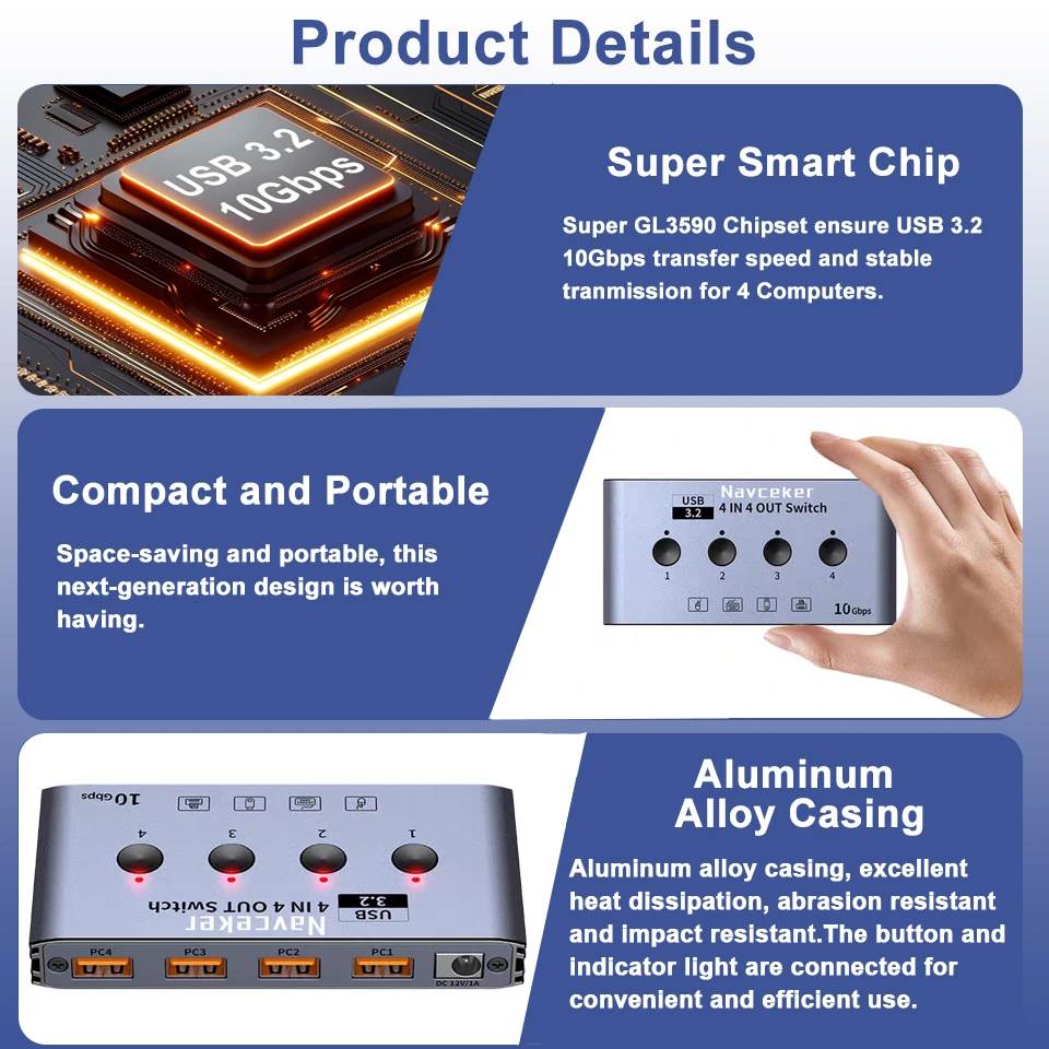 Navceker KVM USB C Switch with Controller 4 Computers Share 4 10Gbps USB 3.2 Gen