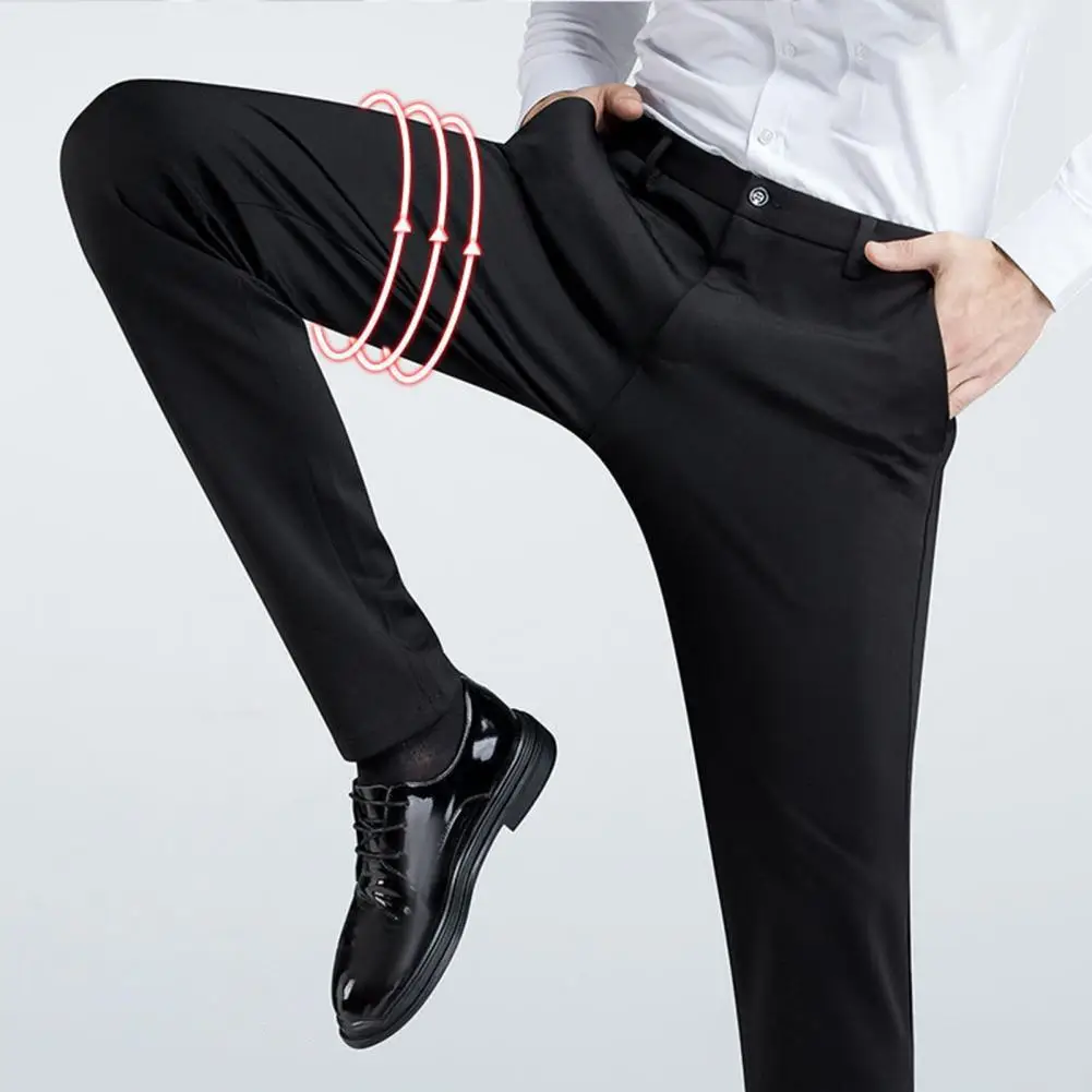 

Solid Color Trousers High Waist Slim Fit Men's Suit Pants Wrinkle-free Stretchy Breathable Business Formal Trousers Men Suit