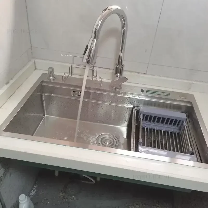 Stainless Steel Kitchen Sink Bar Single Basin Multi-function Kitchen Dish Sink with Knife Holder Home Nano Large Single-slot ZZ