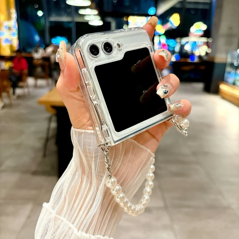 Transparent TPU Foldable Phone Case with Pearl Bracelet and Side Buckle
